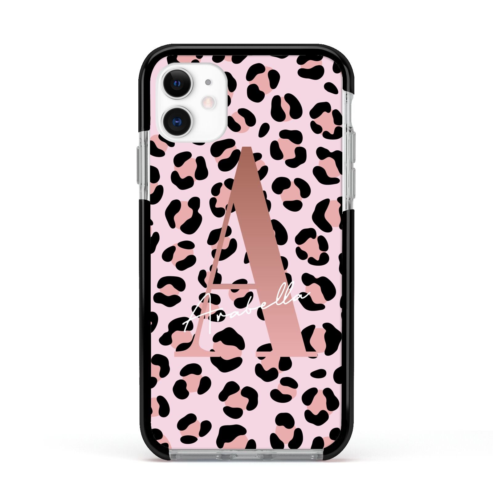 Personalised Leopard Print Initial Apple iPhone 11 in White with Black Impact Case