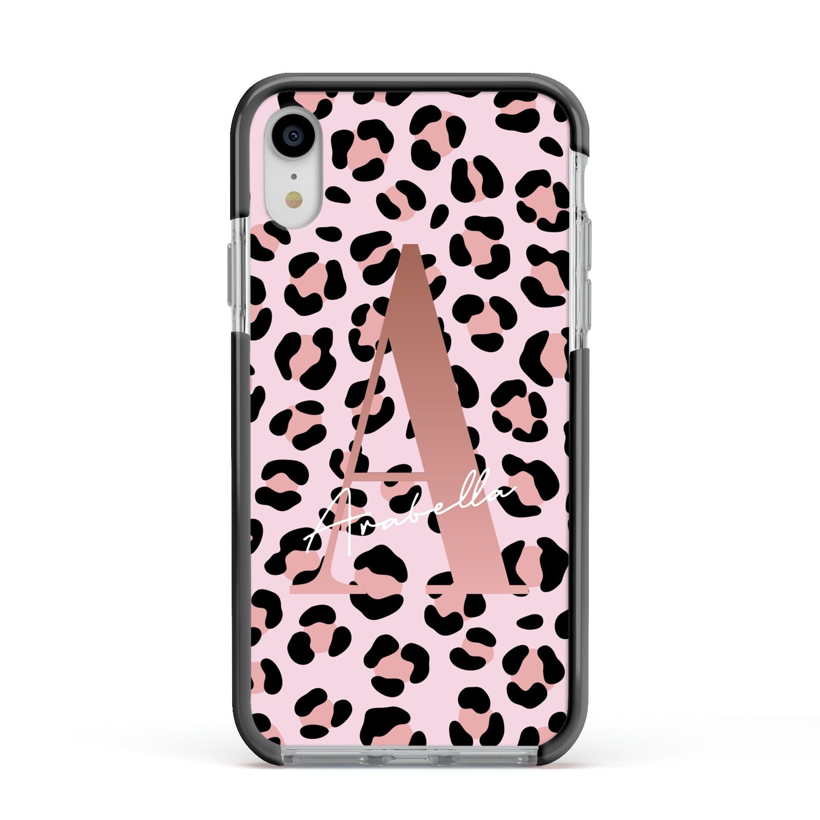 Personalised Leopard Print Initial Apple iPhone XR Impact Case Black Edge on Silver Phone