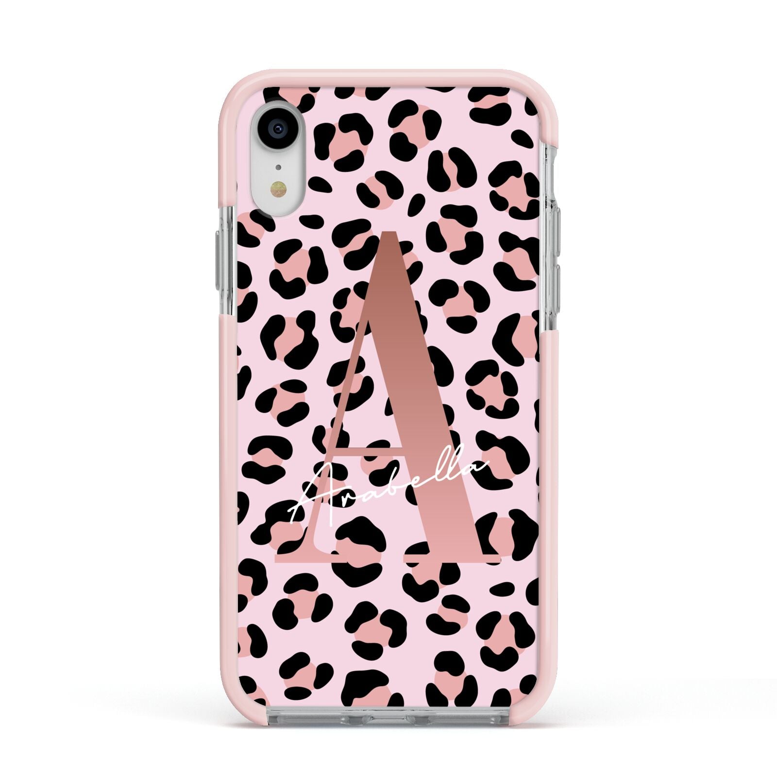 Personalised Leopard Print Initial Apple iPhone XR Impact Case Pink Edge on Silver Phone