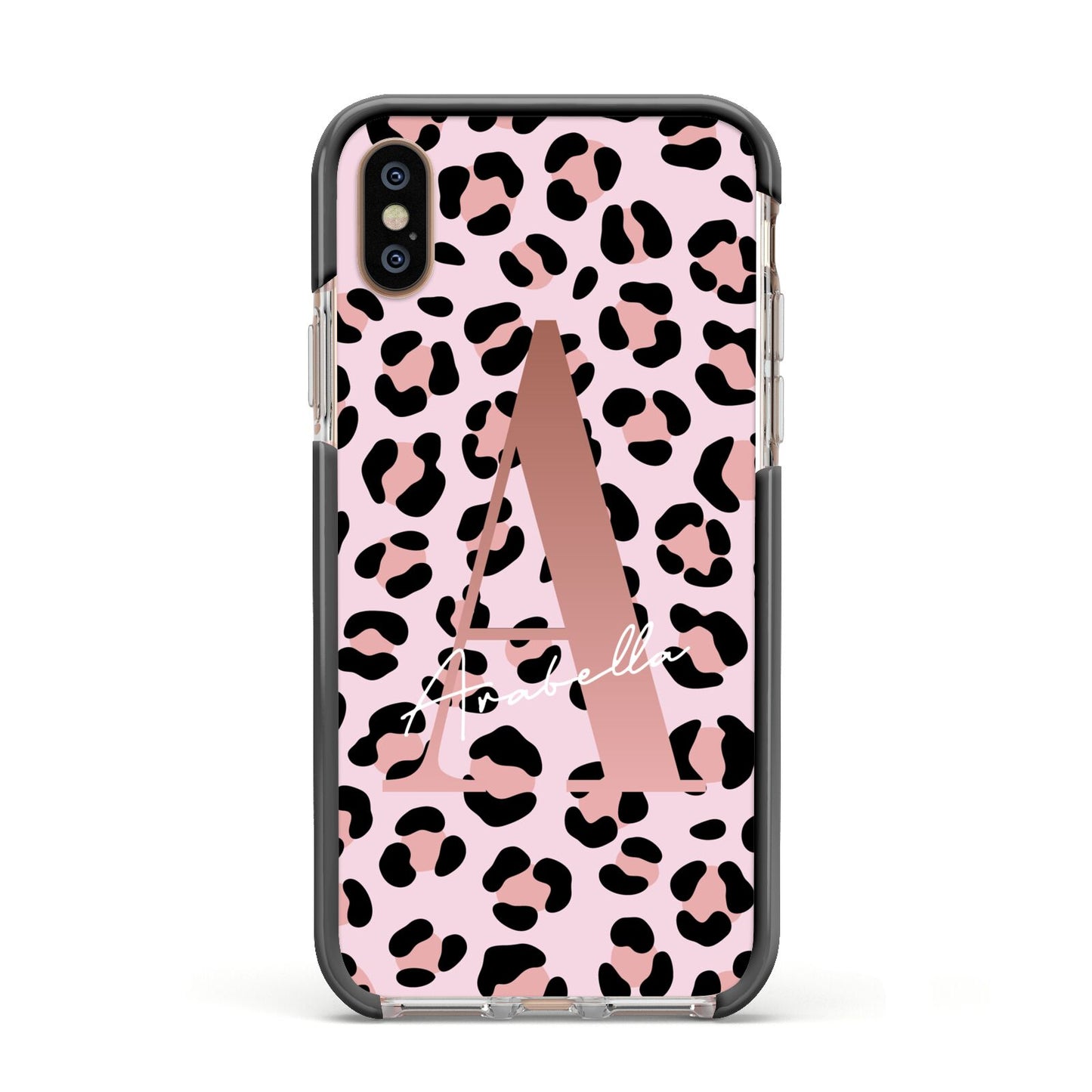 Personalised Leopard Print Initial Apple iPhone Xs Impact Case Black Edge on Gold Phone