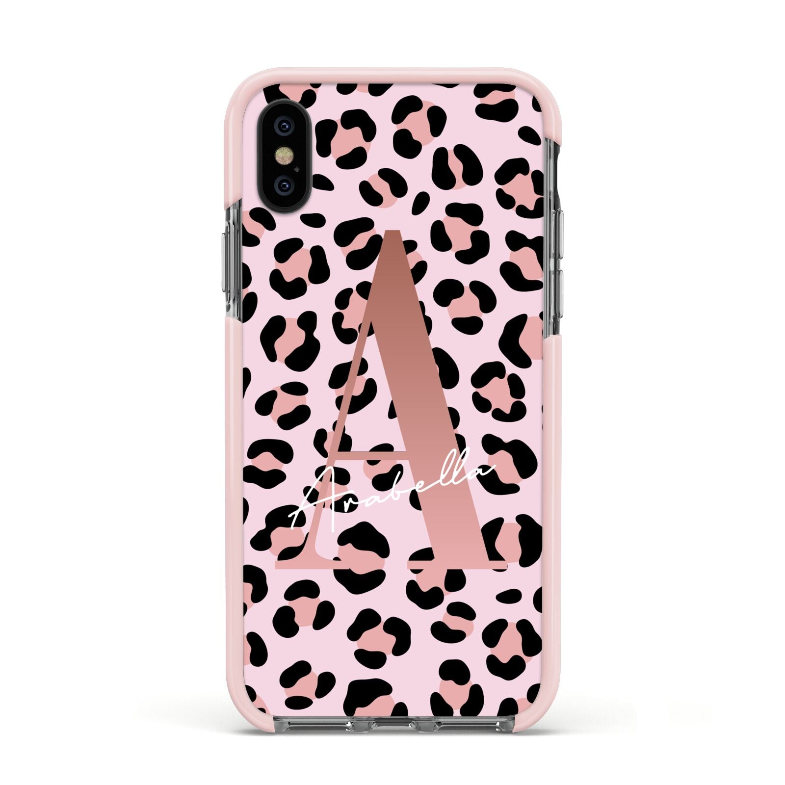 Personalised Leopard Print Initial Apple iPhone Xs Impact Case Pink Edge on Black Phone