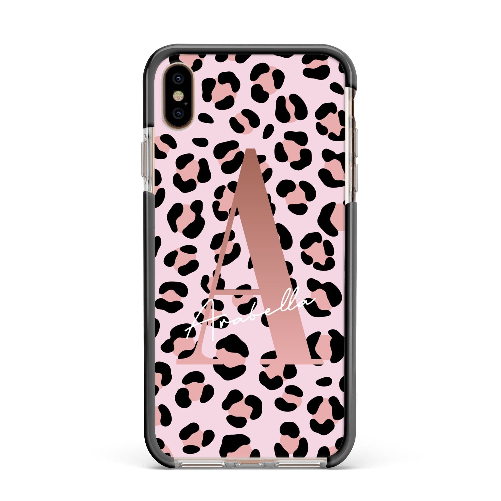 Personalised Leopard Print Initial Apple iPhone Xs Max Impact Case Black Edge on Gold Phone