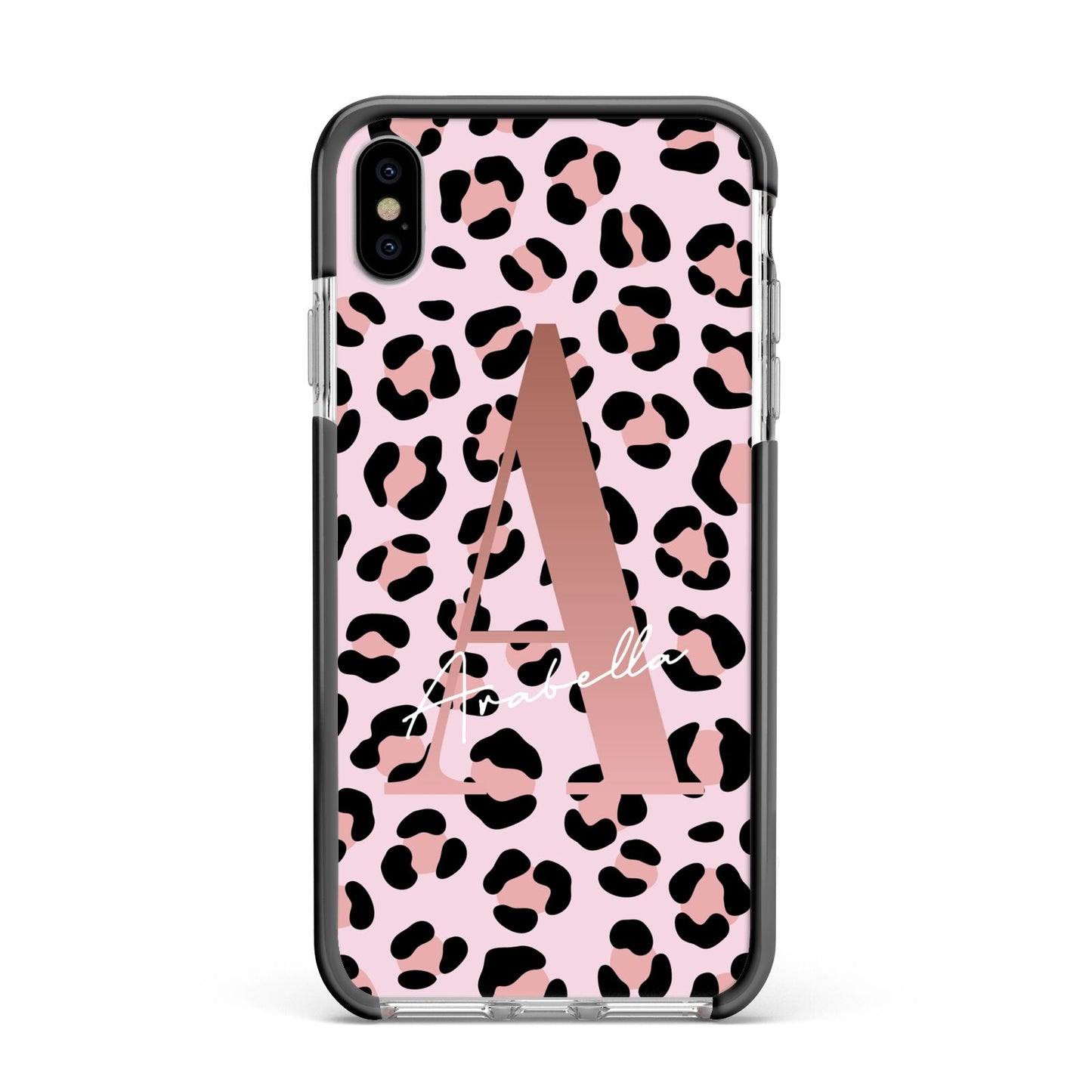 Personalised Leopard Print Initial Apple iPhone Xs Max Impact Case Black Edge on Silver Phone