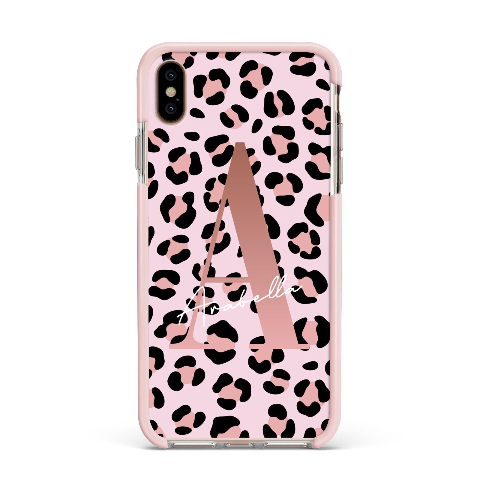 Personalised Leopard Print Initial Apple iPhone Xs Max Impact Case Pink Edge on Gold Phone