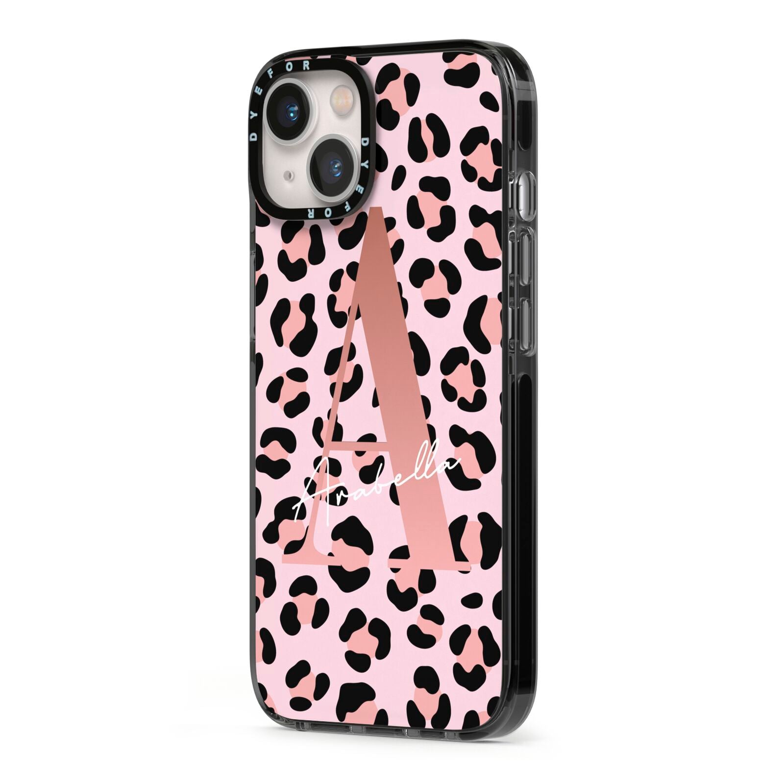 Personalised Leopard Print Initial iPhone 13 Black Impact Case Side Angle on Silver phone