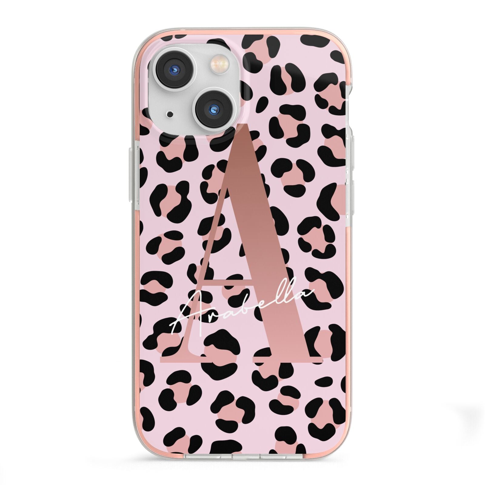 Personalised Leopard Print Initial iPhone 13 Mini TPU Impact Case with Pink Edges