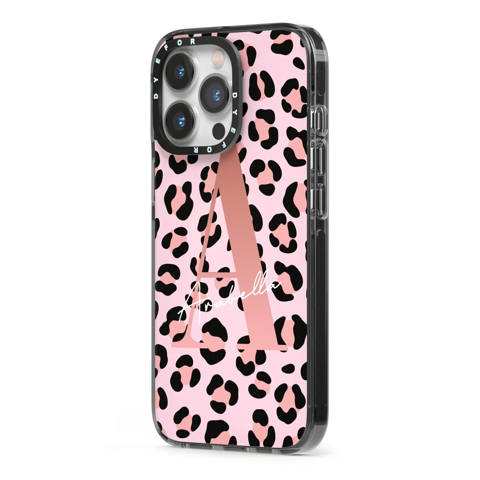 Personalised Leopard Print Initial iPhone 13 Pro Black Impact Case Side Angle on Silver phone