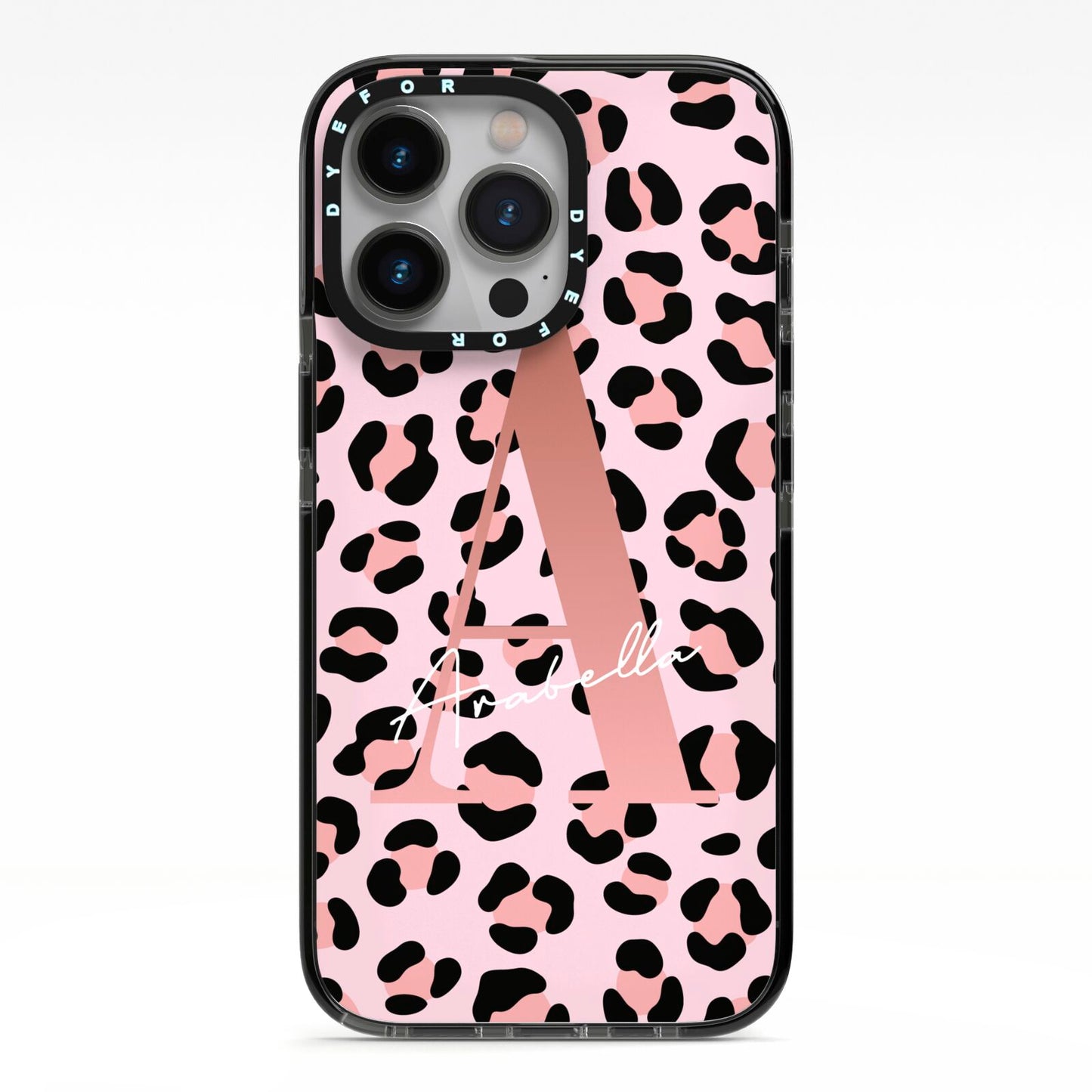 Personalised Leopard Print Initial iPhone 13 Pro Black Impact Case on Silver phone