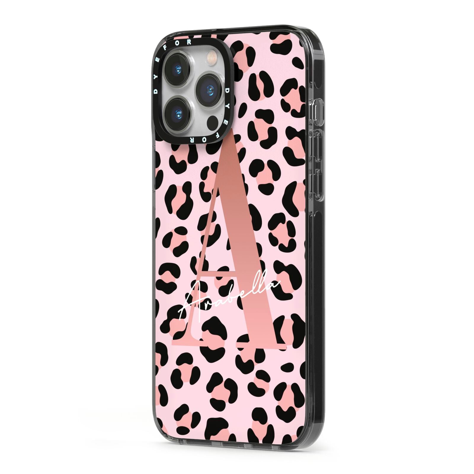 Personalised Leopard Print Initial iPhone 13 Pro Max Black Impact Case Side Angle on Silver phone