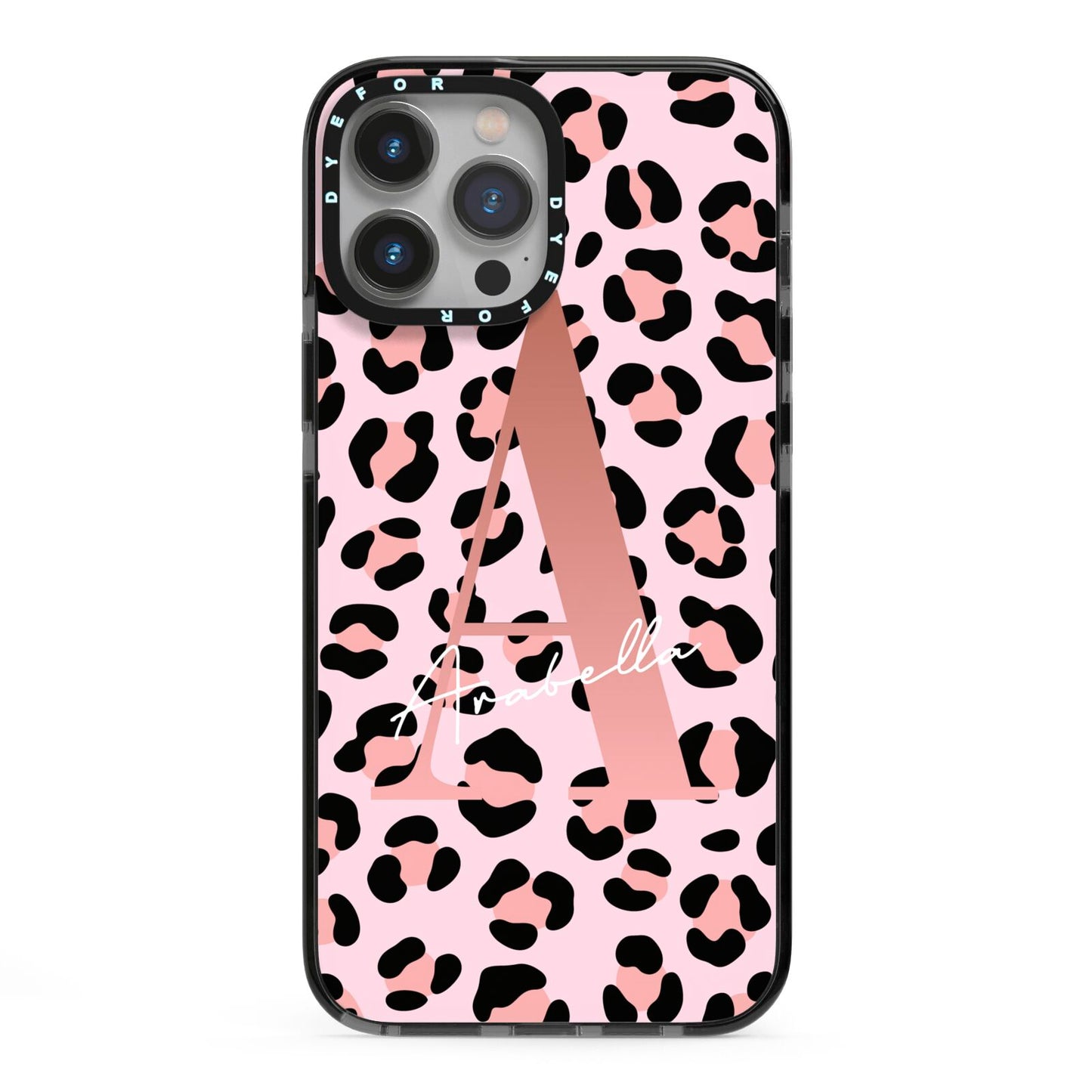 Personalised Leopard Print Initial iPhone 13 Pro Max Black Impact Case on Silver phone