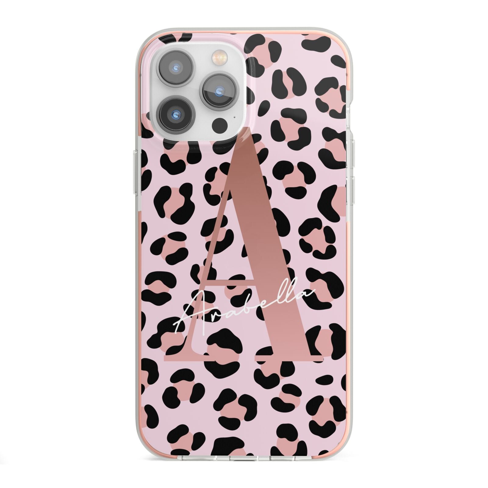 Personalised Leopard Print Initial iPhone 13 Pro Max TPU Impact Case with Pink Edges