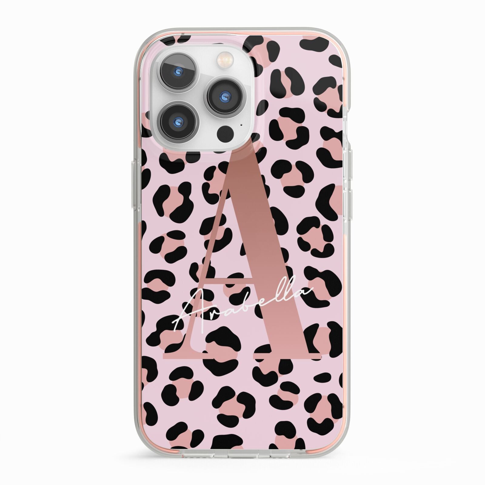 Personalised Leopard Print Initial iPhone 13 Pro TPU Impact Case with Pink Edges