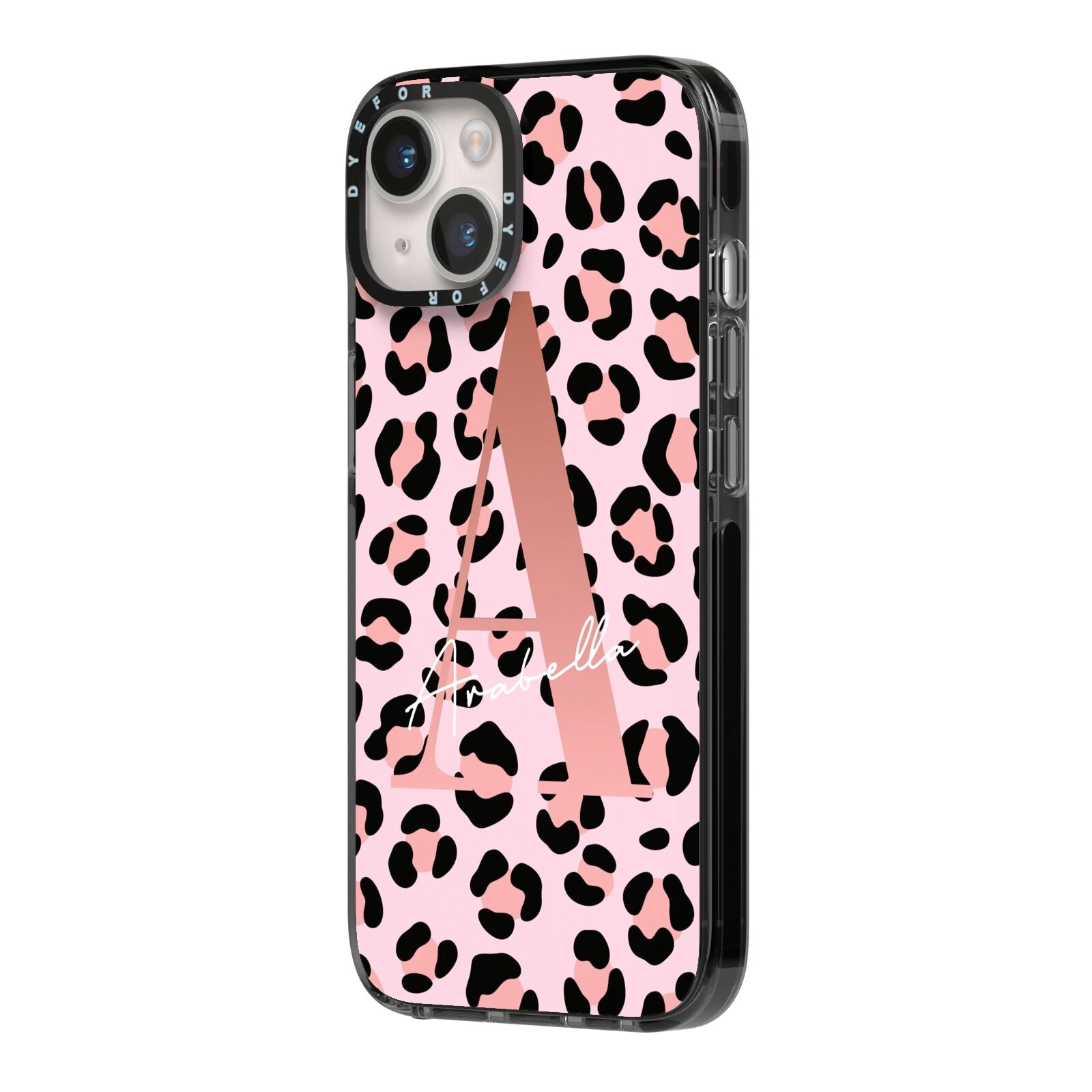 Personalised Leopard Print Initial iPhone 14 Black Impact Case Side Angle on Silver phone