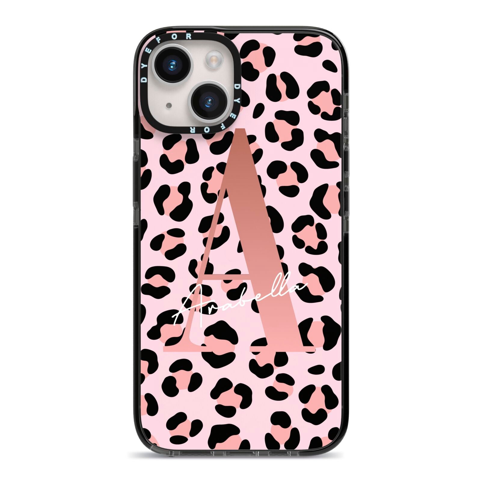 Personalised Leopard Print Initial iPhone 14 Black Impact Case on Silver phone