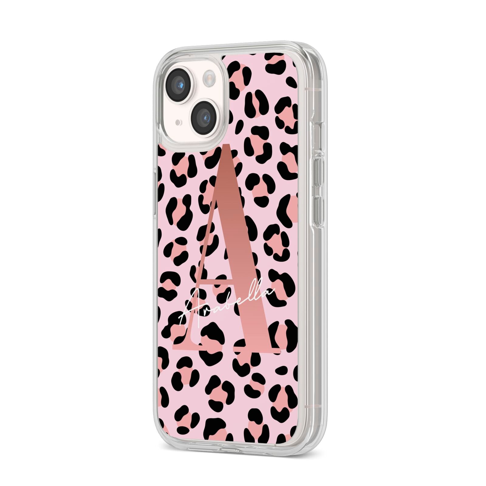 Personalised Leopard Print Initial iPhone 14 Clear Tough Case Starlight Angled Image