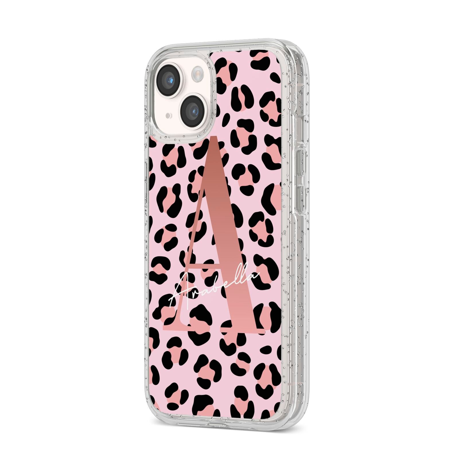 Personalised Leopard Print Initial iPhone 14 Glitter Tough Case Starlight Angled Image