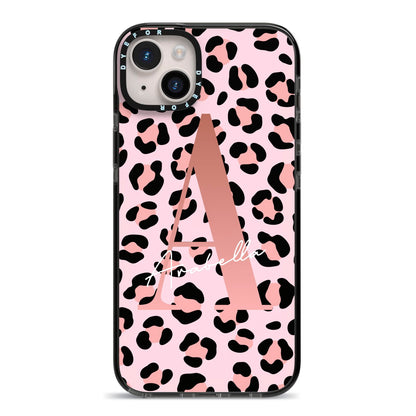 Personalised Leopard Print Initial iPhone 14 Plus Black Impact Case on Silver phone