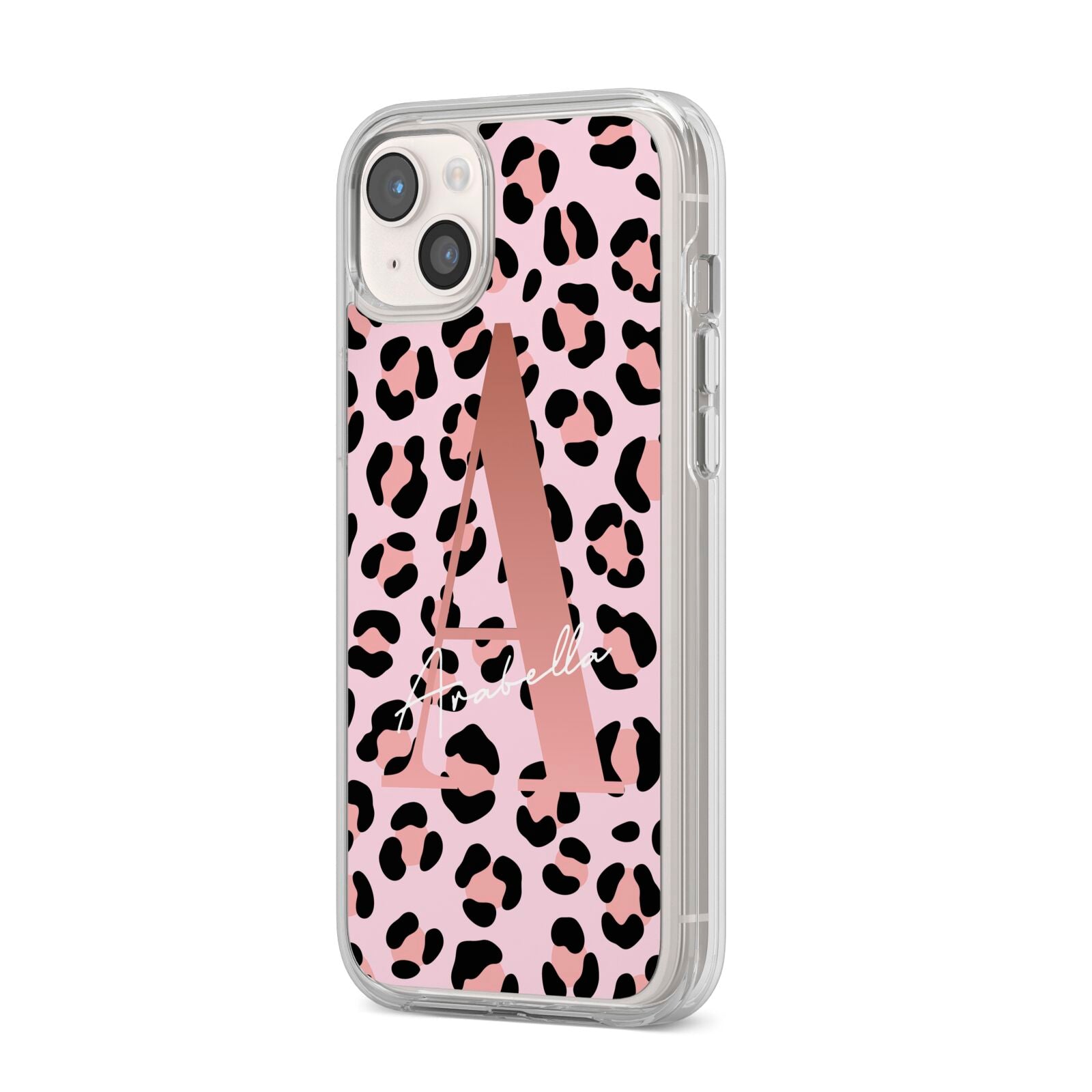 Personalised Leopard Print Initial iPhone 14 Plus Clear Tough Case Starlight Angled Image
