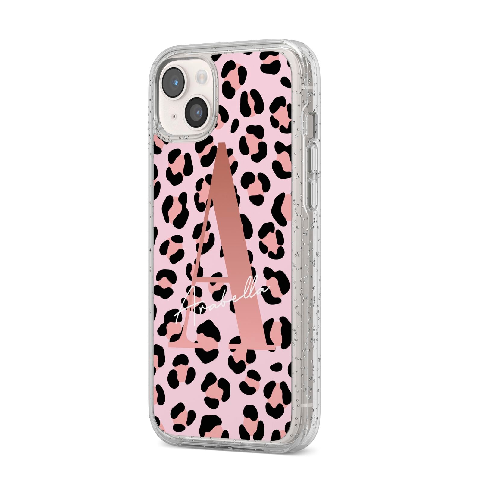 Personalised Leopard Print Initial iPhone 14 Plus Glitter Tough Case Starlight Angled Image