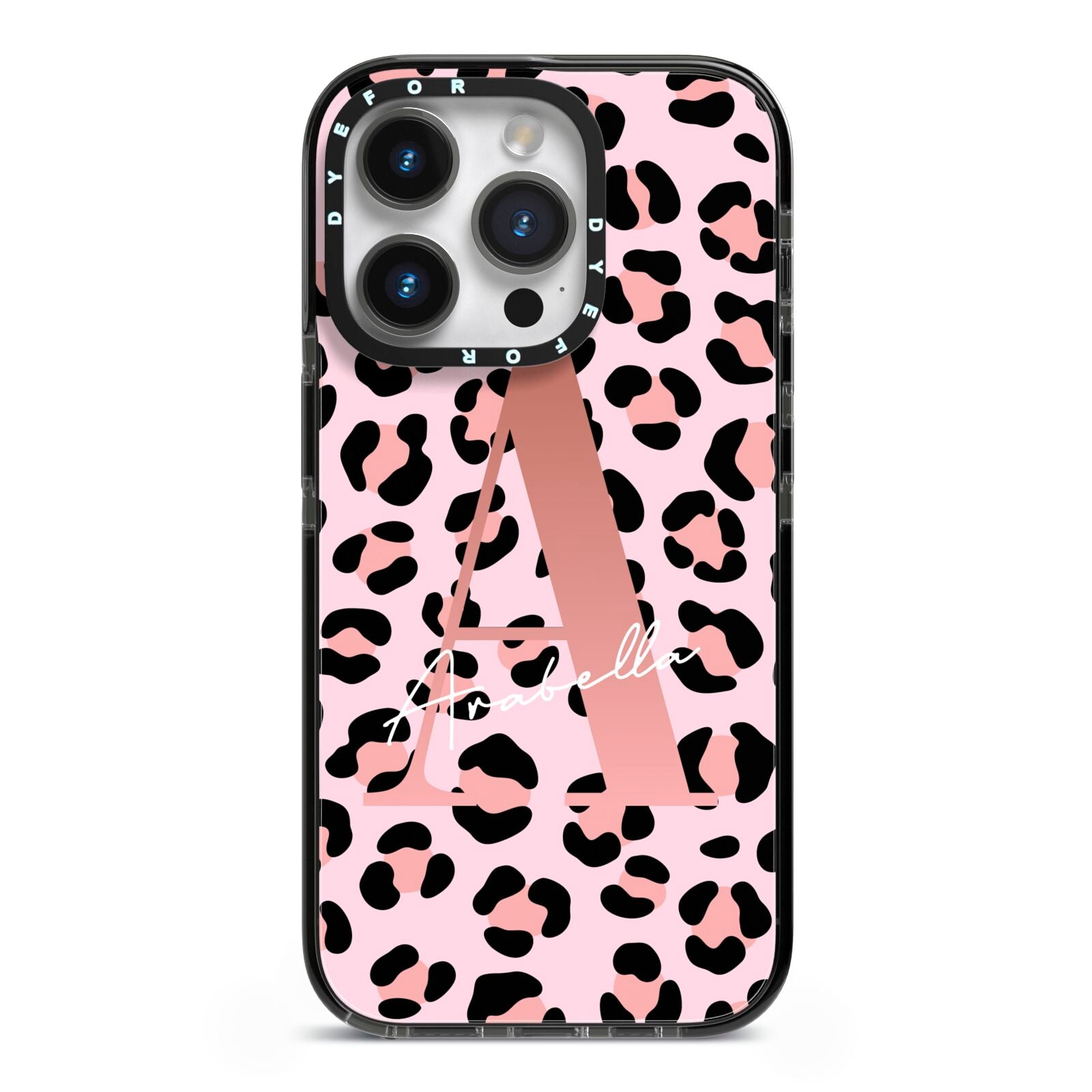 Personalised Leopard Print Initial iPhone 14 Pro Black Impact Case on Silver phone