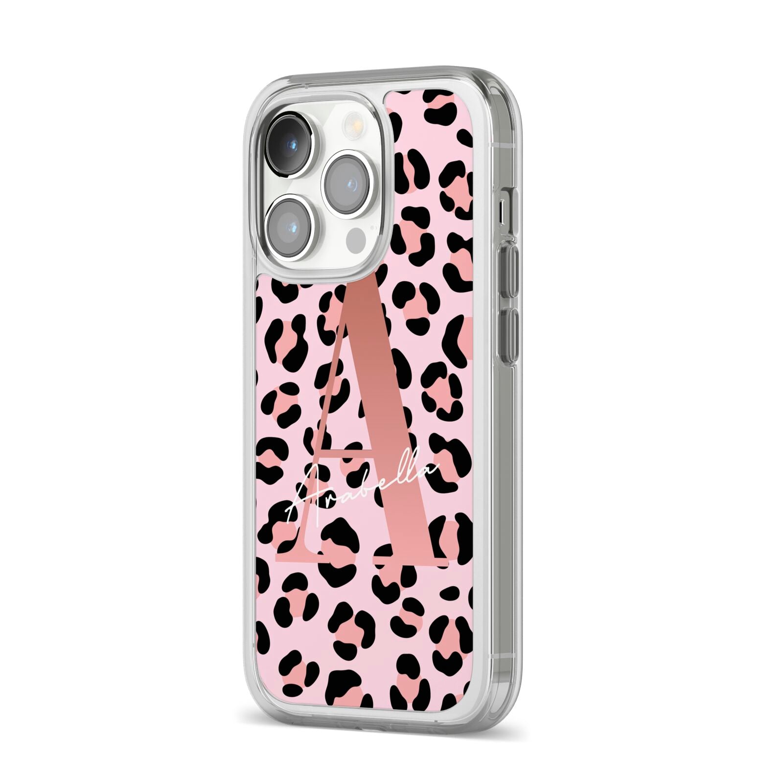 Personalised Leopard Print Initial iPhone 14 Pro Clear Tough Case Silver Angled Image