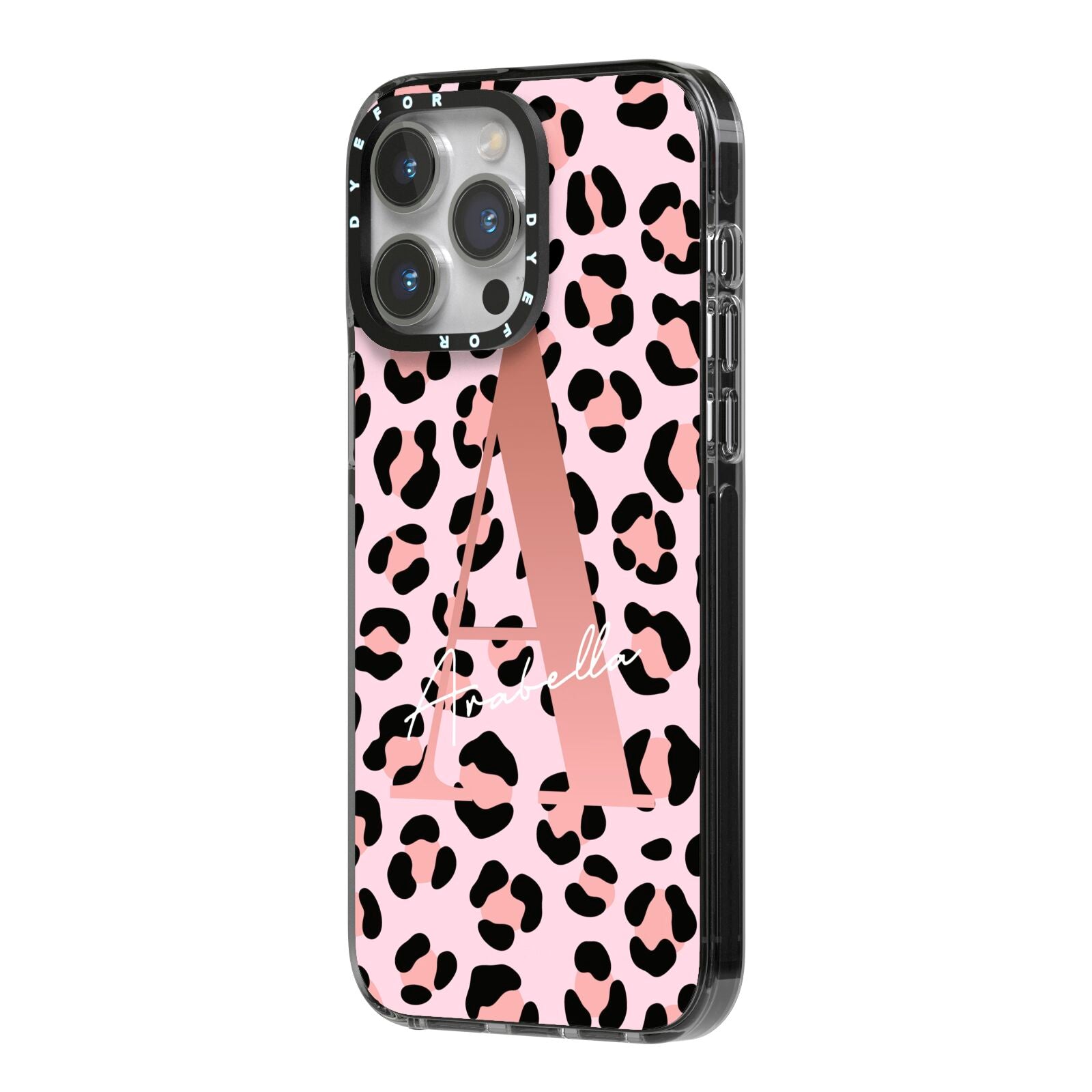 Personalised Leopard Print Initial iPhone 14 Pro Max Black Impact Case Side Angle on Silver phone