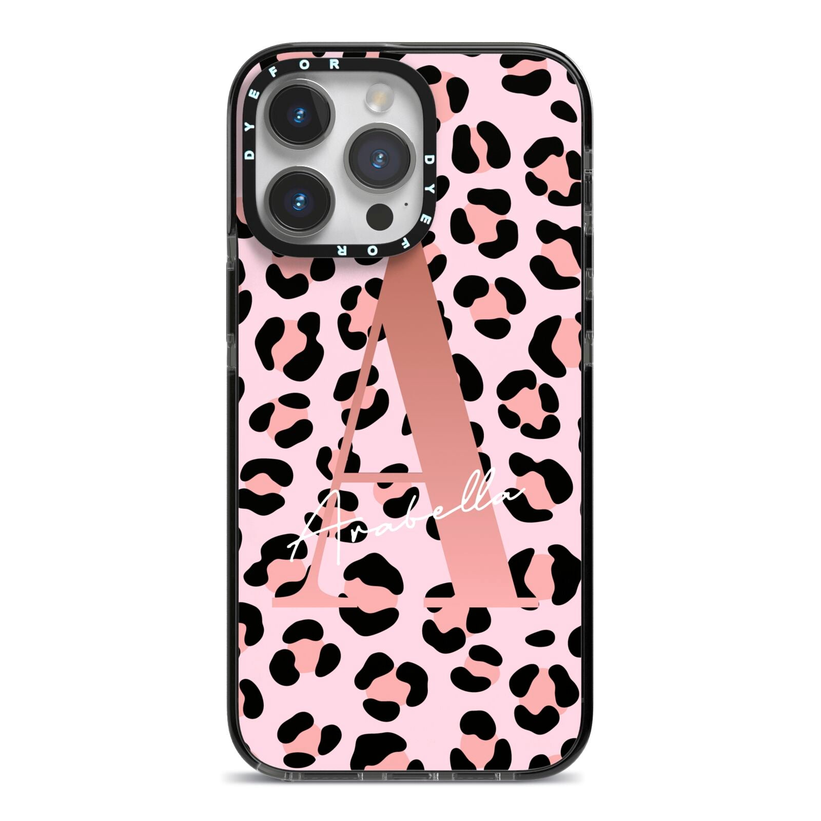 Personalised Leopard Print Initial iPhone 14 Pro Max Black Impact Case on Silver phone
