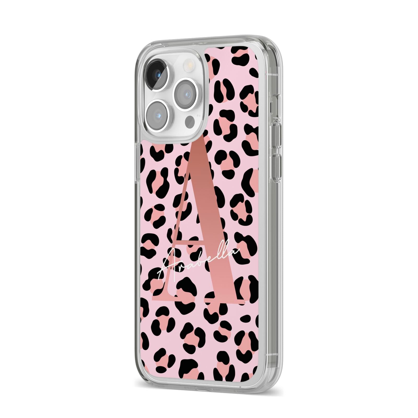 Personalised Leopard Print Initial iPhone 14 Pro Max Clear Tough Case Silver Angled Image