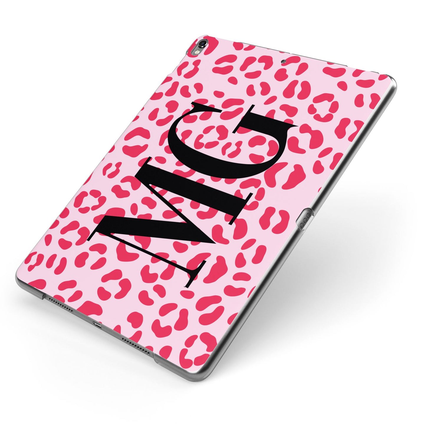 Personalised Leopard Print Initials Apple iPad Case on Grey iPad Side View