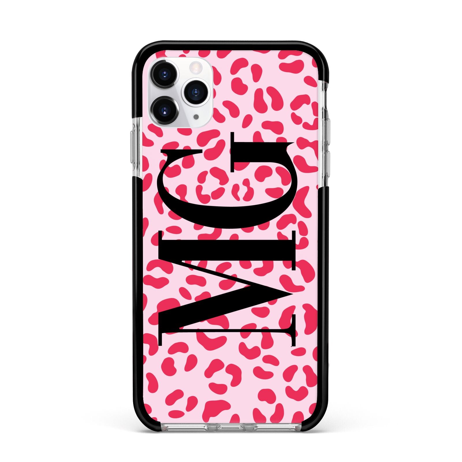 Personalised Leopard Print Initials Apple iPhone 11 Pro Max in Silver with Black Impact Case