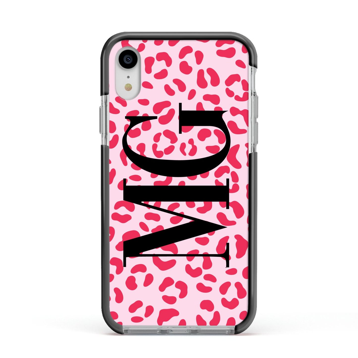 Personalised Leopard Print Initials Apple iPhone XR Impact Case Black Edge on Silver Phone
