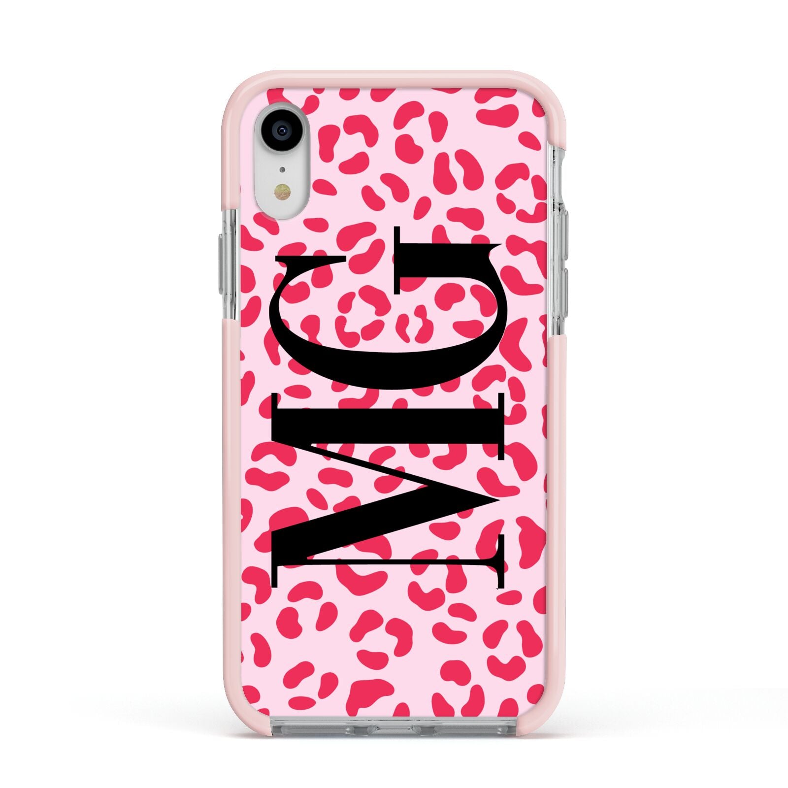 Personalised Leopard Print Initials Apple iPhone XR Impact Case Pink Edge on Silver Phone