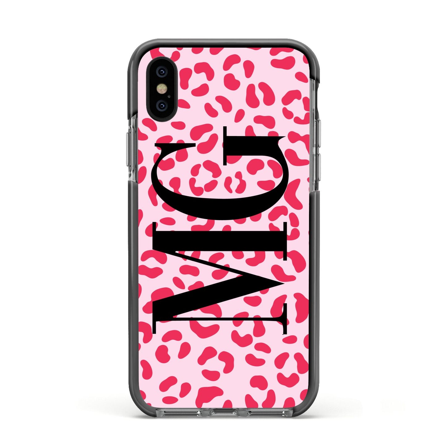 Personalised Leopard Print Initials Apple iPhone Xs Impact Case Black Edge on Black Phone