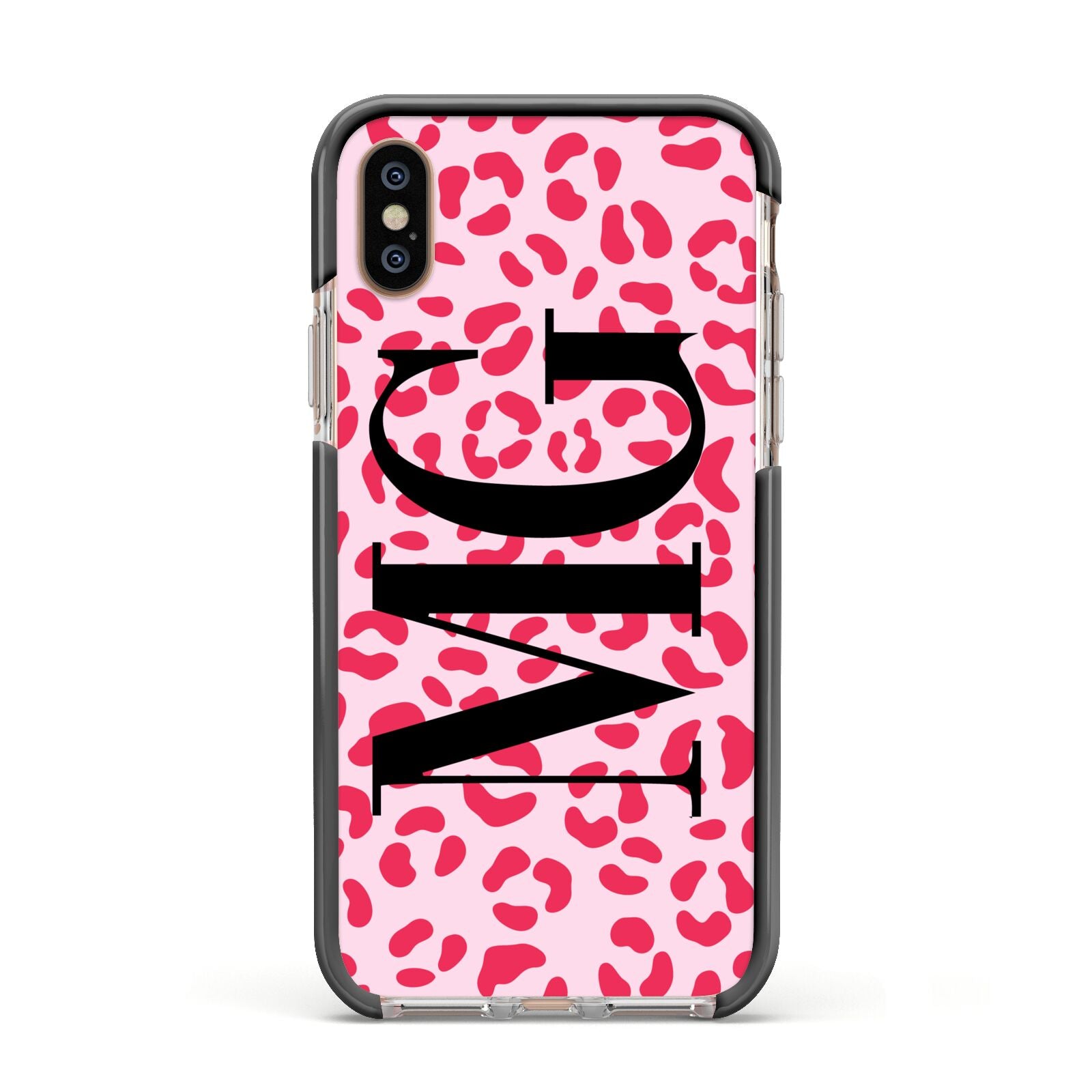 Personalised Leopard Print Initials Apple iPhone Xs Impact Case Black Edge on Gold Phone