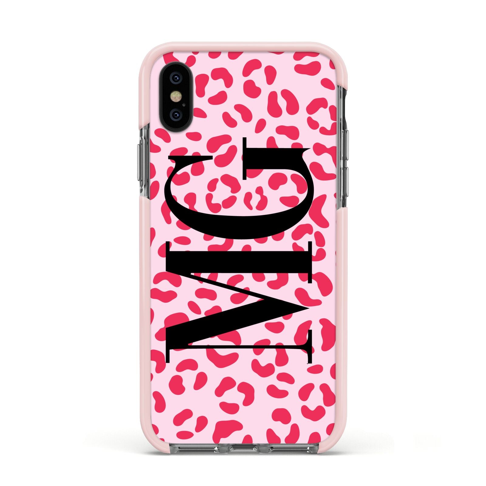 Personalised Leopard Print Initials Apple iPhone Xs Impact Case Pink Edge on Black Phone