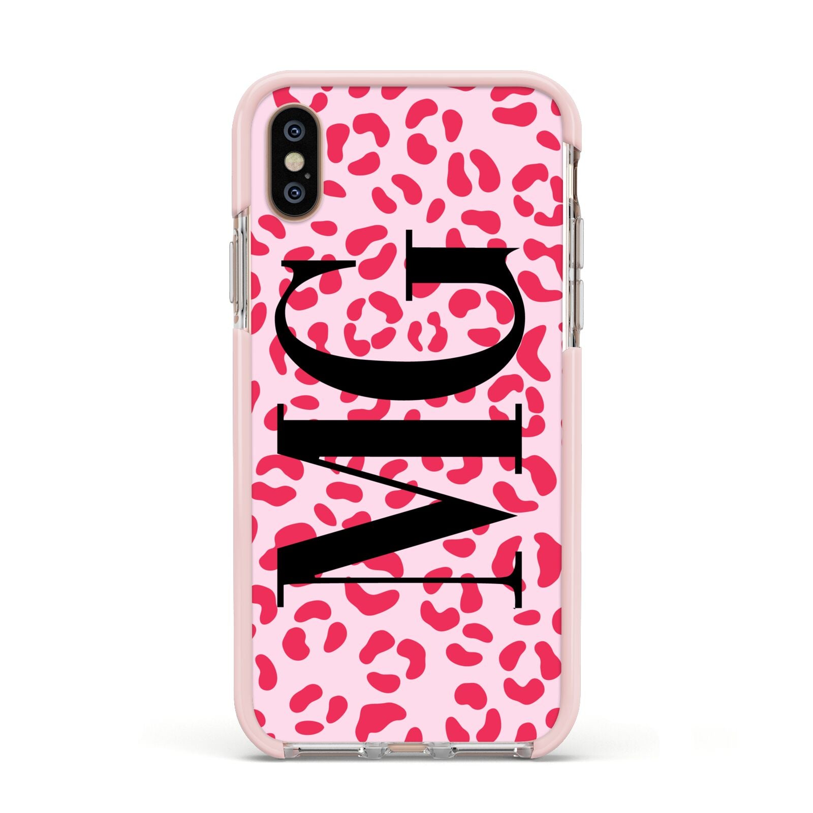Personalised Leopard Print Initials Apple iPhone Xs Impact Case Pink Edge on Gold Phone