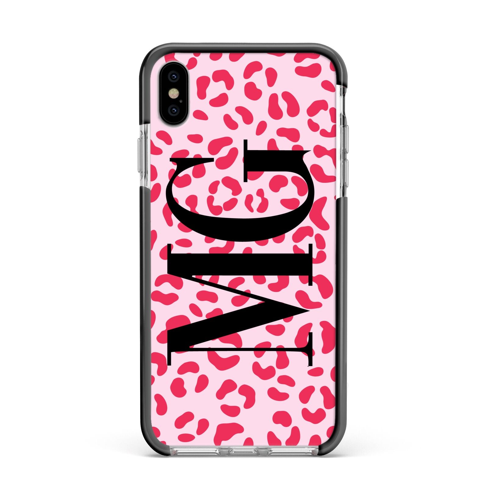 Personalised Leopard Print Initials Apple iPhone Xs Max Impact Case Black Edge on Silver Phone