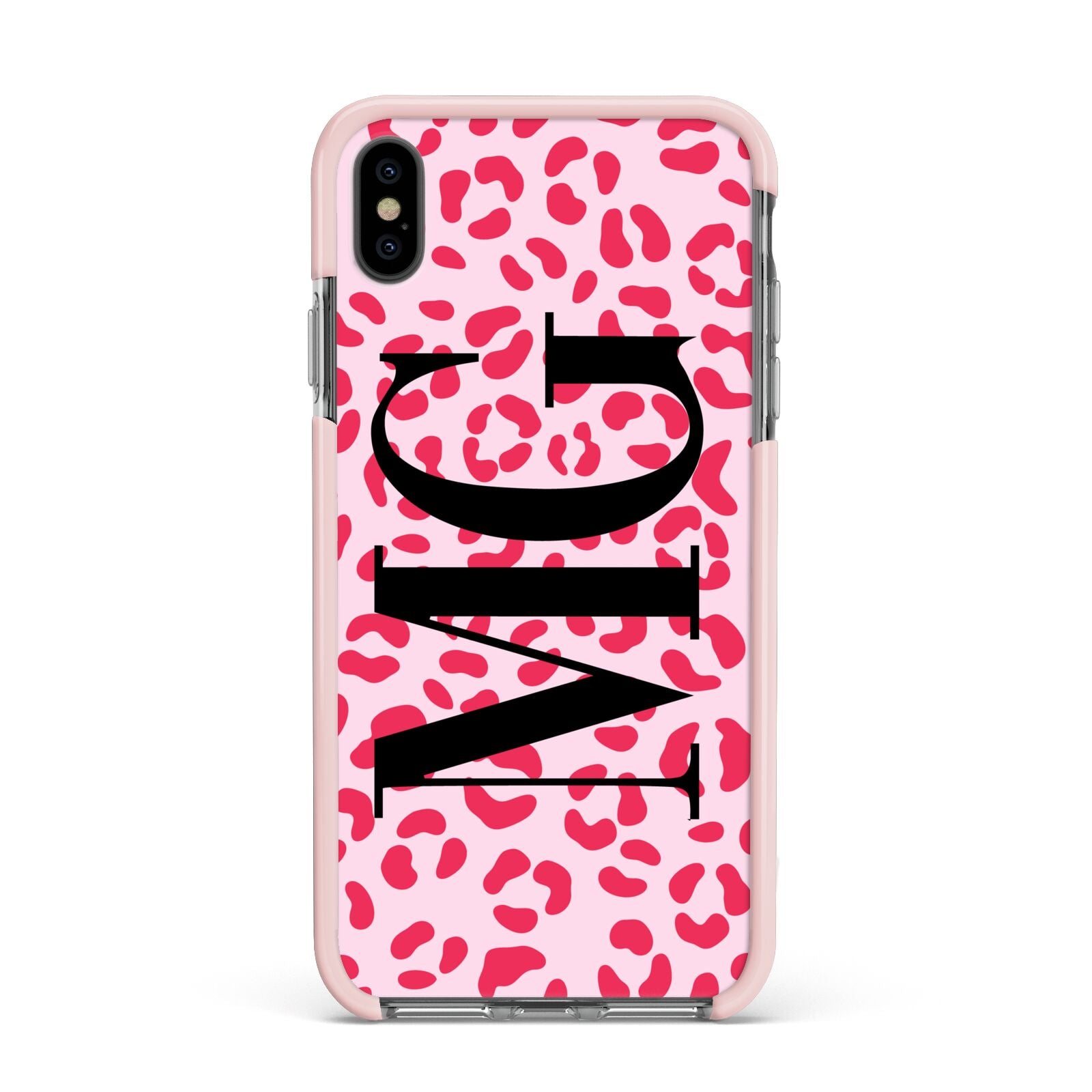 Personalised Leopard Print Initials Apple iPhone Xs Max Impact Case Pink Edge on Black Phone