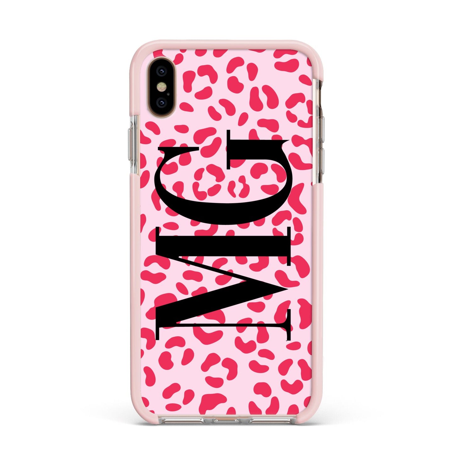 Personalised Leopard Print Initials Apple iPhone Xs Max Impact Case Pink Edge on Gold Phone