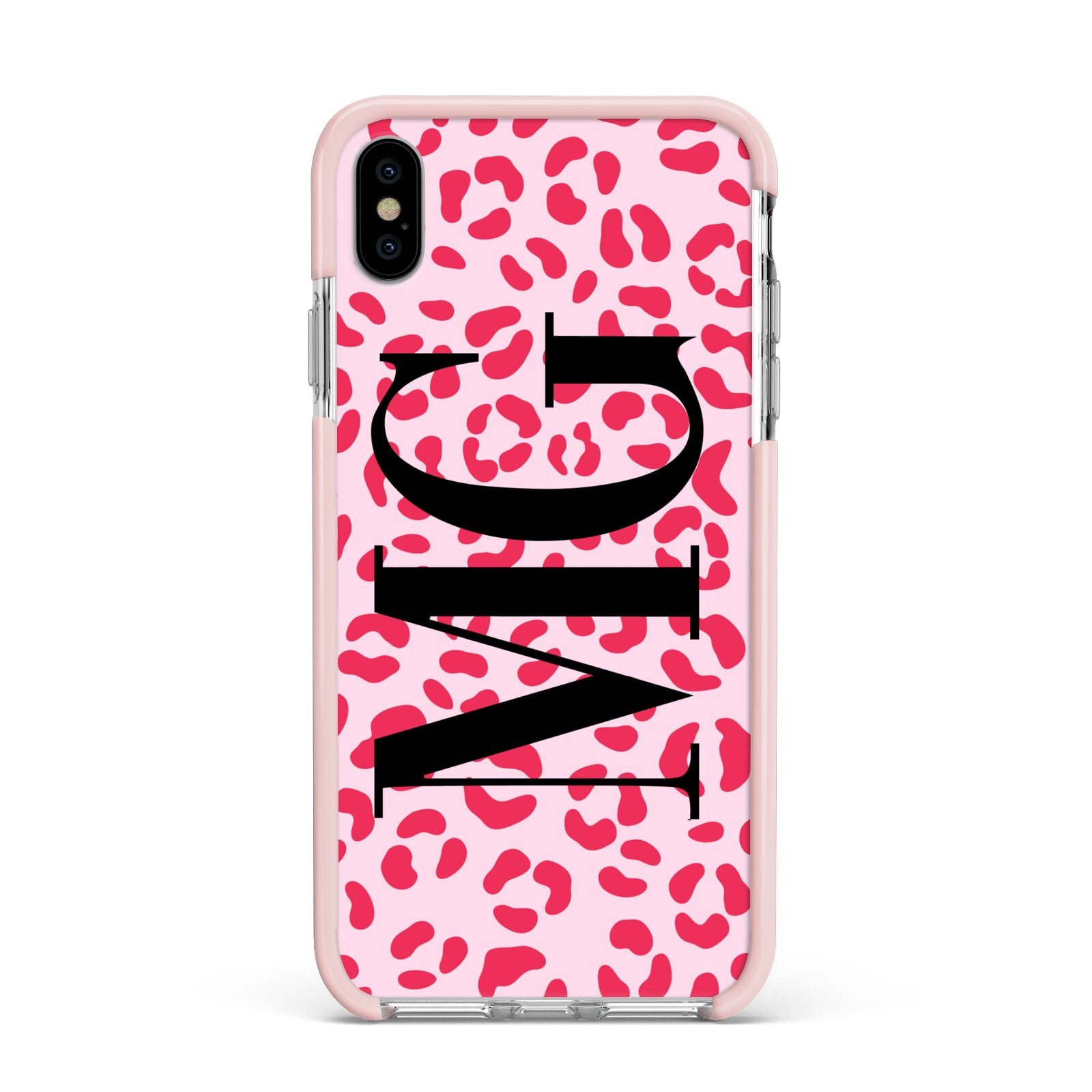 Personalised Leopard Print Initials Apple iPhone Xs Max Impact Case Pink Edge on Silver Phone