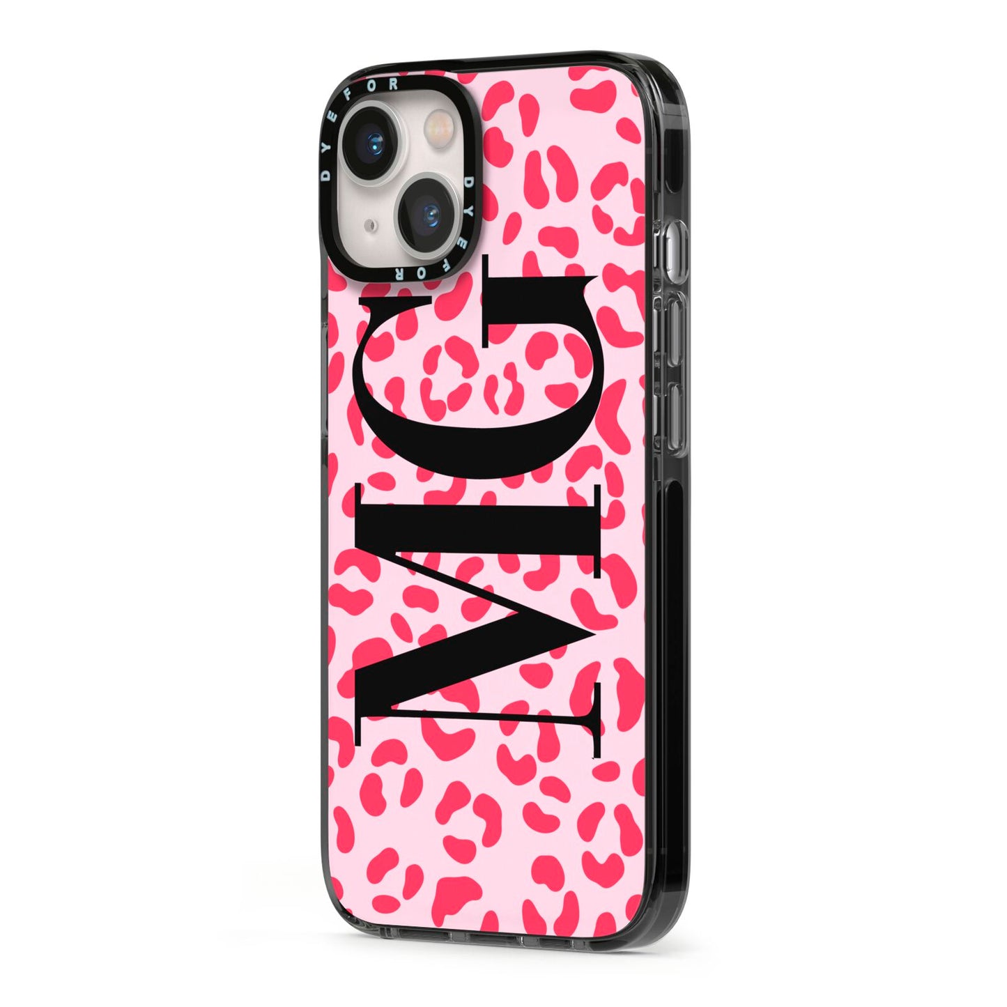 Personalised Leopard Print Initials iPhone 13 Black Impact Case Side Angle on Silver phone