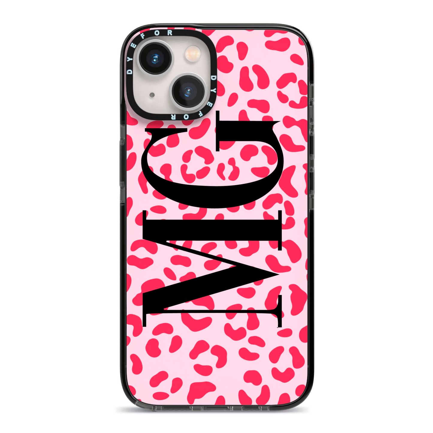 Personalised Leopard Print Initials iPhone 13 Black Impact Case on Silver phone