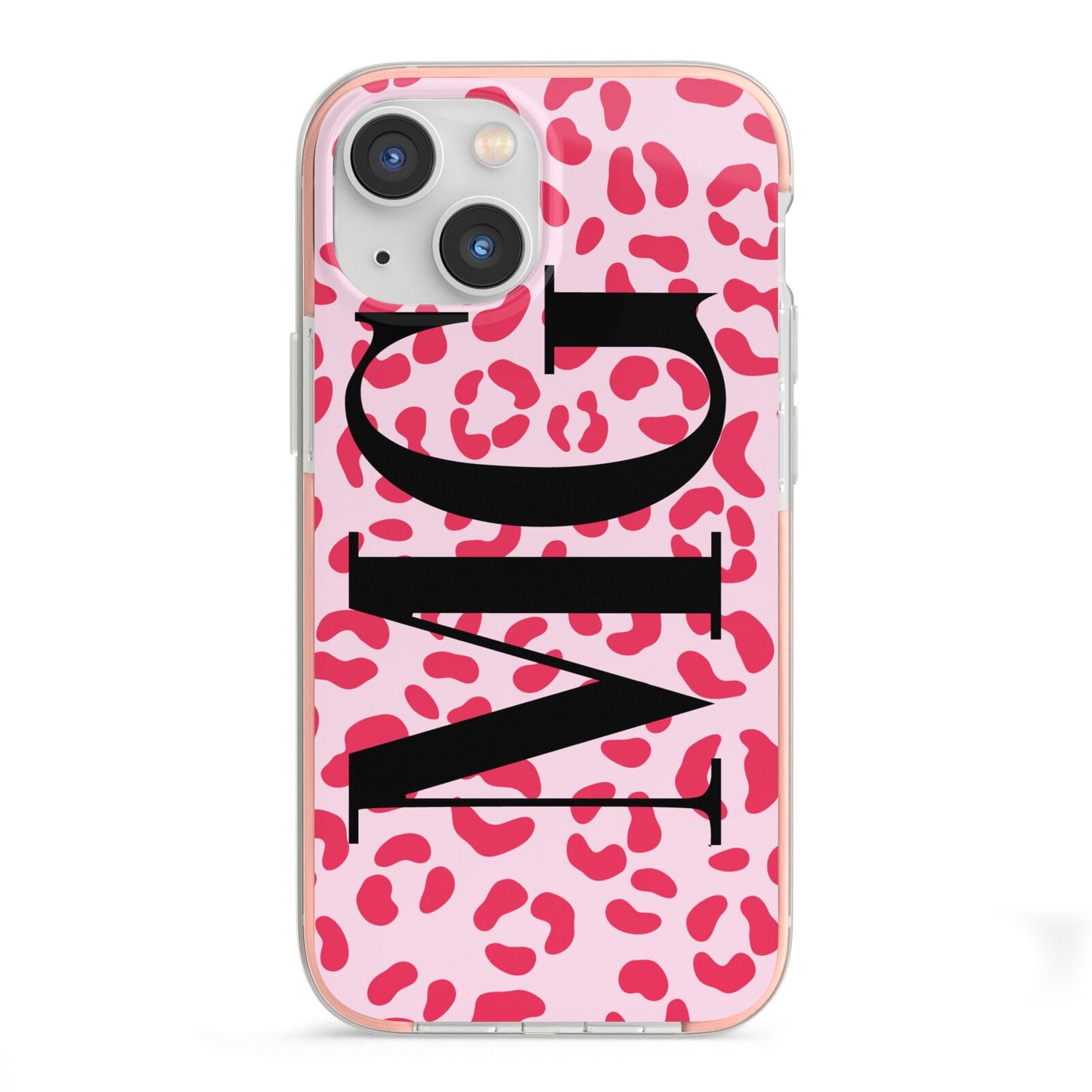 Personalised Leopard Print Initials iPhone 13 Mini TPU Impact Case with Pink Edges