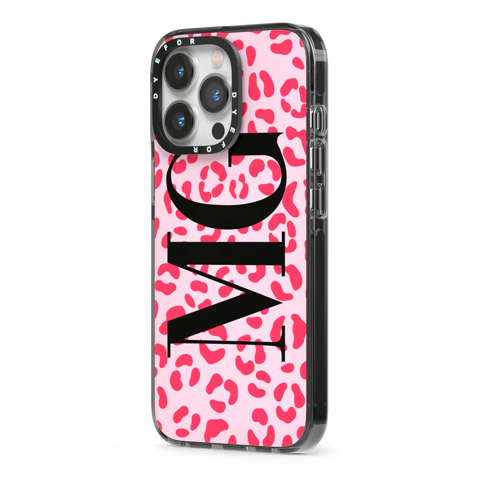 Personalised Leopard Print Initials iPhone 13 Pro Black Impact Case Side Angle on Silver phone