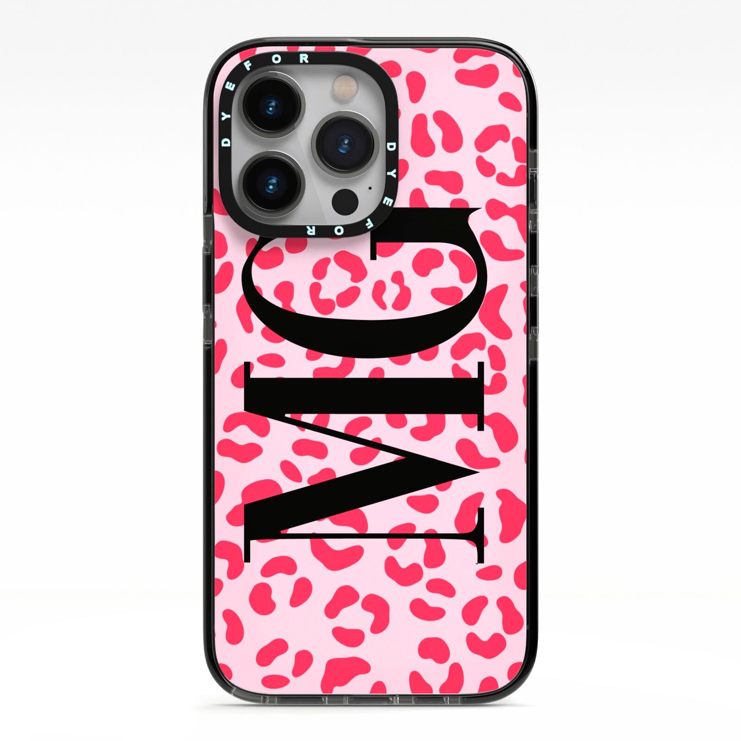 Personalised Leopard Print Initials iPhone 13 Pro Black Impact Case on Silver phone