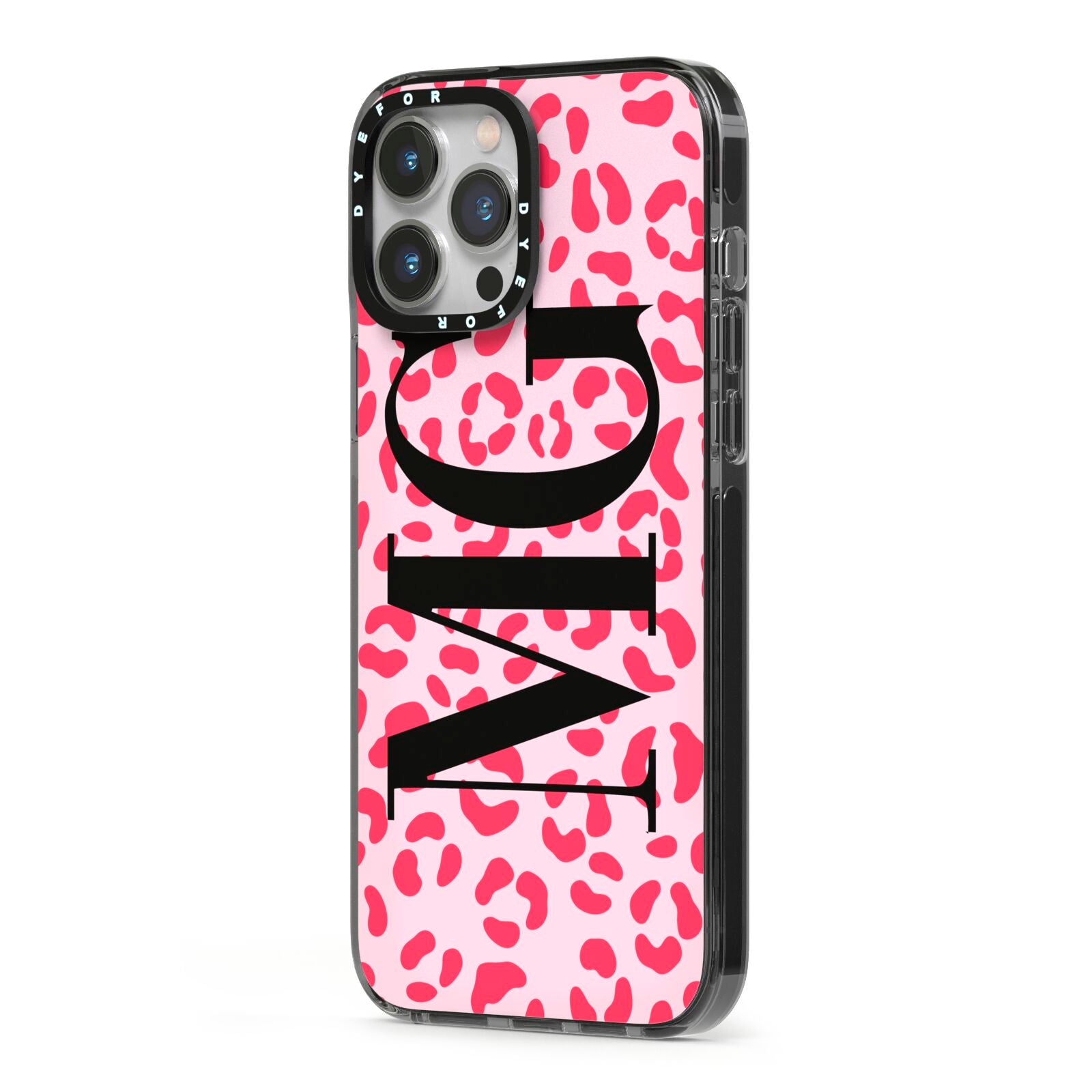 Personalised Leopard Print Initials iPhone 13 Pro Max Black Impact Case Side Angle on Silver phone