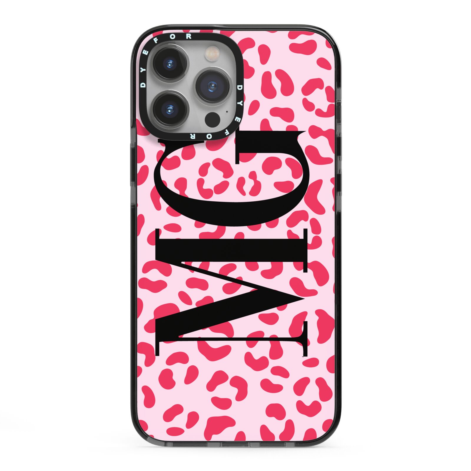 Personalised Leopard Print Initials iPhone 13 Pro Max Black Impact Case on Silver phone