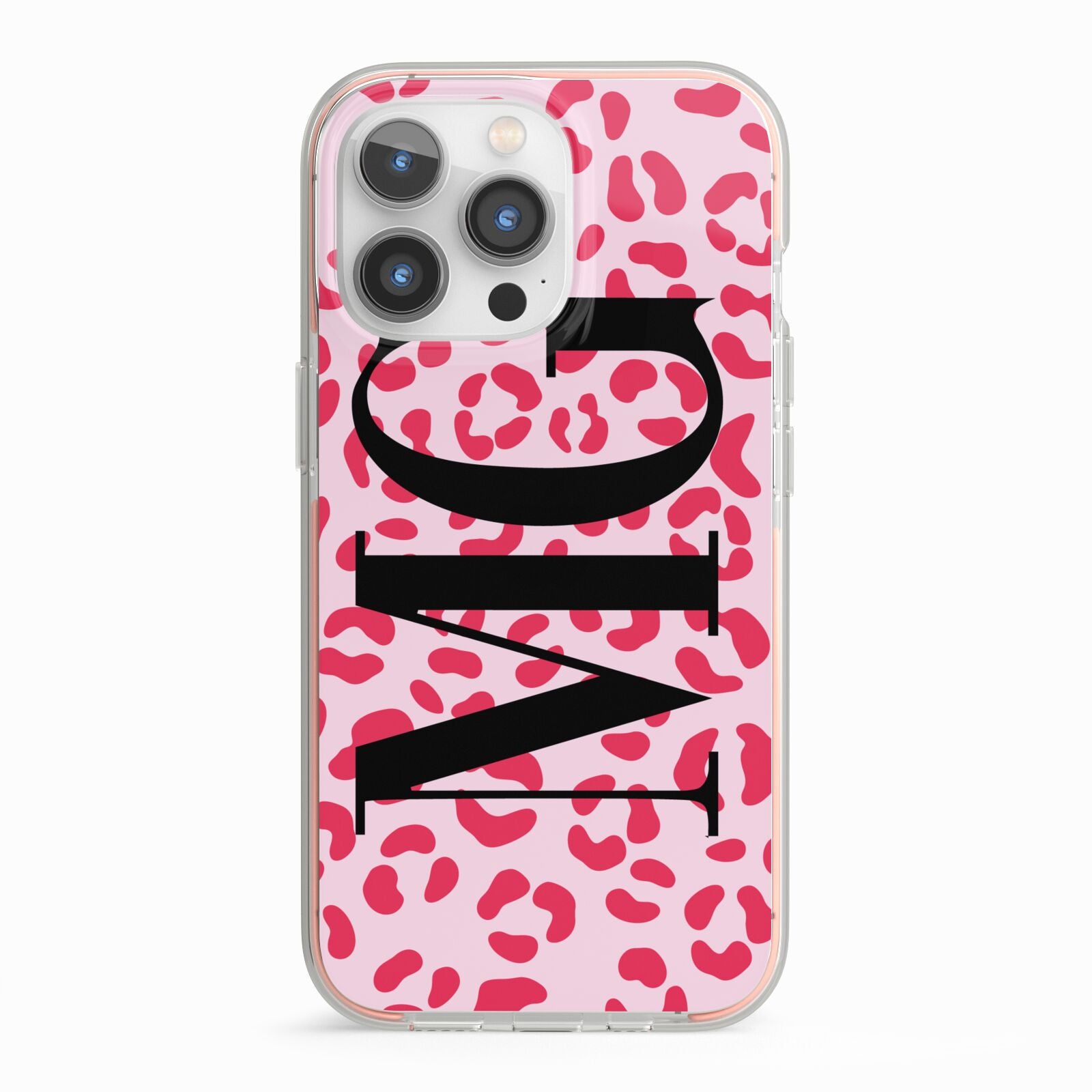 Personalised Leopard Print Initials iPhone 13 Pro TPU Impact Case with Pink Edges