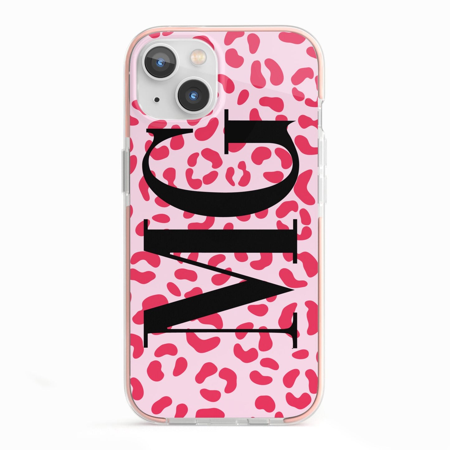 Personalised Leopard Print Initials iPhone 13 TPU Impact Case with Pink Edges