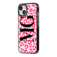 Personalised Leopard Print Initials iPhone 14 Black Impact Case Side Angle on Silver phone